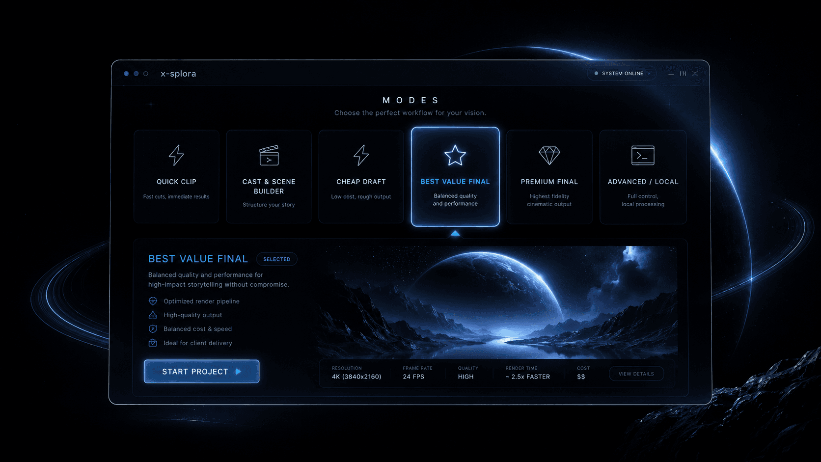 x-splora modes panel showing workflow goal selection