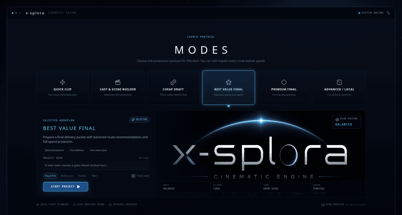 X-Splora v2.4.8 mode selector showing six planning postures before project setup